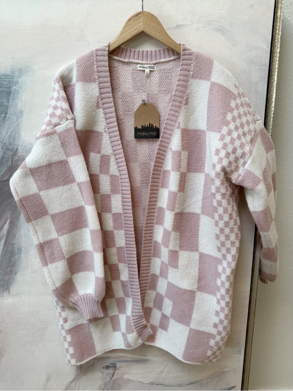 Open Front Pink and White Checker Knit Cardigan